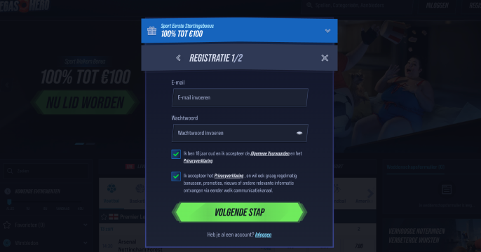 Registratie bij Vegas Hero
